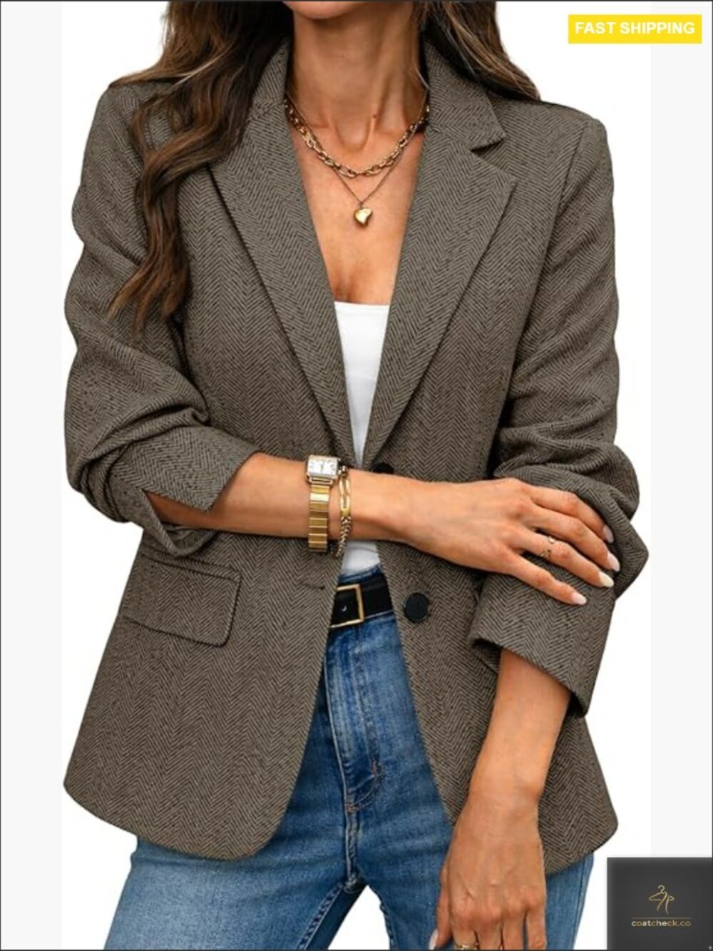 Herringbone Tweed Blazer Slim Fit Business Casual Work Jacket Flap Pockets